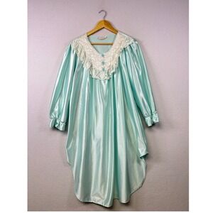 Vintage Aqua Satin‎ Lace Trim Nightgown Lingerie Women's Medium